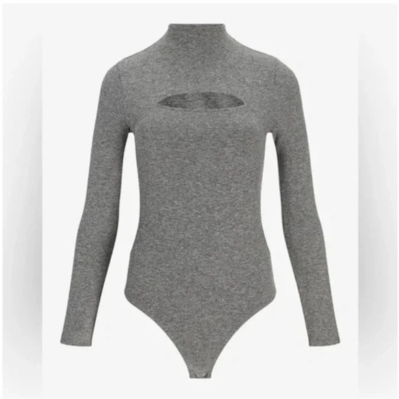 Express Body Contour Cozy Mock Neck Cutout Bodysuit, Gray Color , Size Large - Picture 7 of 7